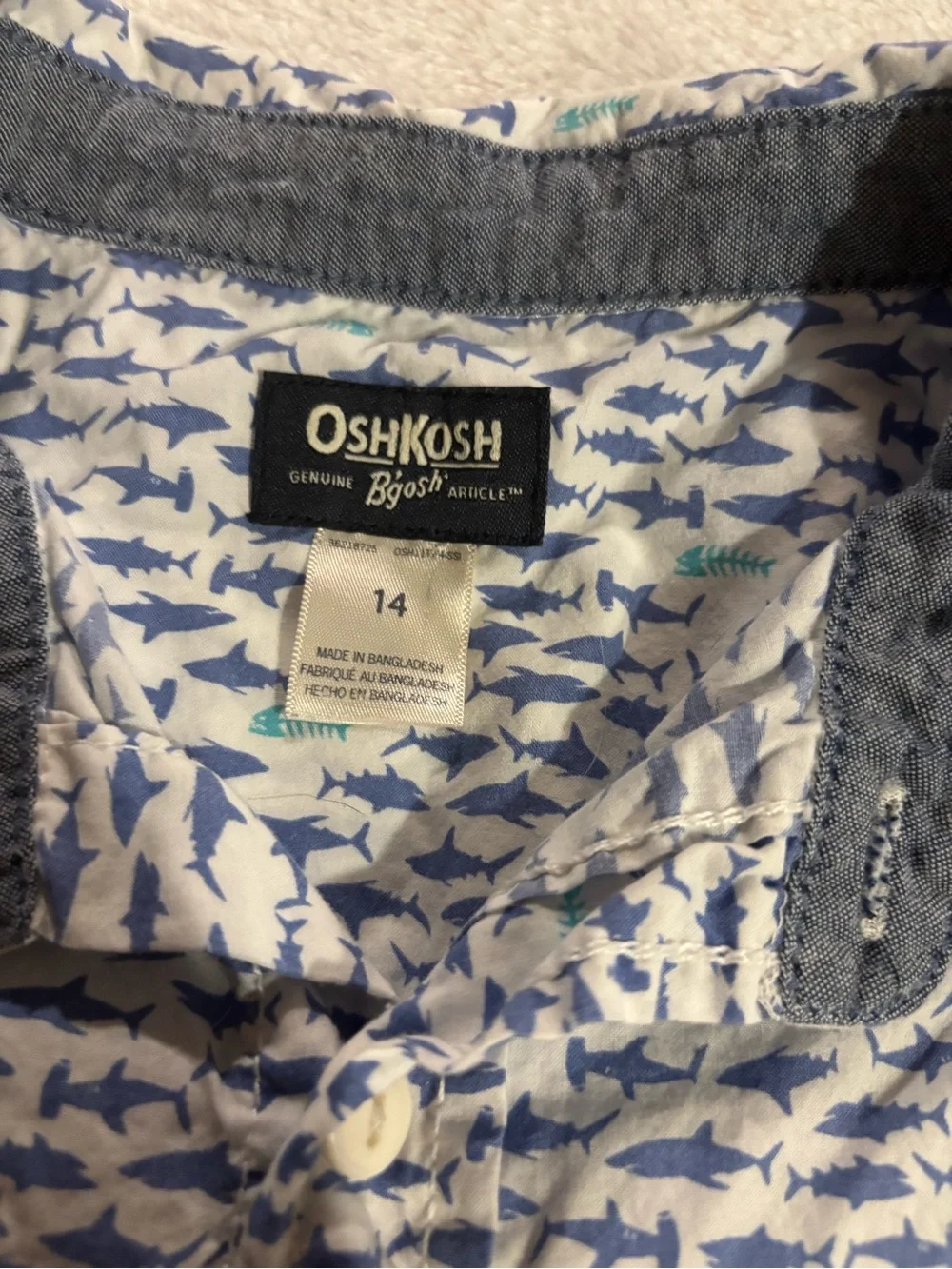 OshKosh B'gosh White Short Sleeve Button-Up Shirt with Blue Shark Print